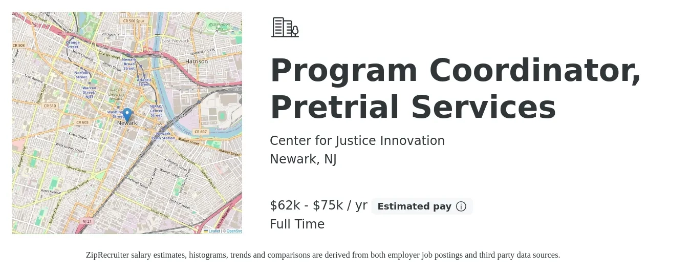 Center for Justice Innovation job posting for a Program Coordinator, Pretrial Services in Newark, NJ with a salary of $62,500 to $75,000 Yearly with a map of Newark location.