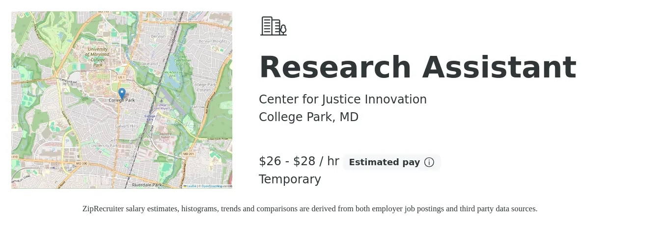 Center for Justice Innovation job posting for a Research Assistant in College Park, MD with a salary of $28 to $30 Hourly with a map of College Park location.