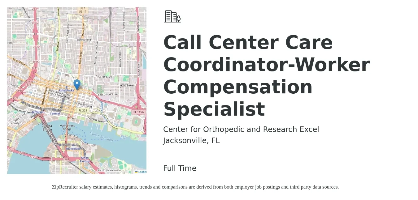 Center for Orthopedic and Research Excel job posting for a Call Center Care Coordinator-Worker Compensation Specialist in Jacksonville, FL with a salary of $17 to $23 Hourly with a map of Jacksonville location.