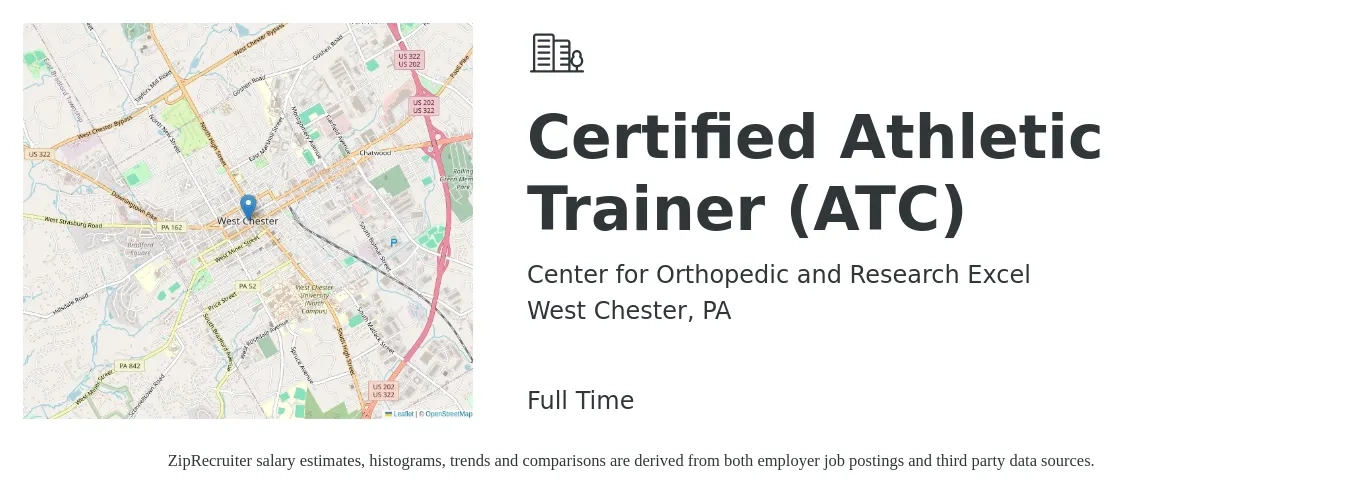 Center for Orthopedic and Research Excel job posting for a Certified Athletic Trainer (ATC) in West Chester, PA with a salary of $14 to $26 Hourly with a map of West Chester location.