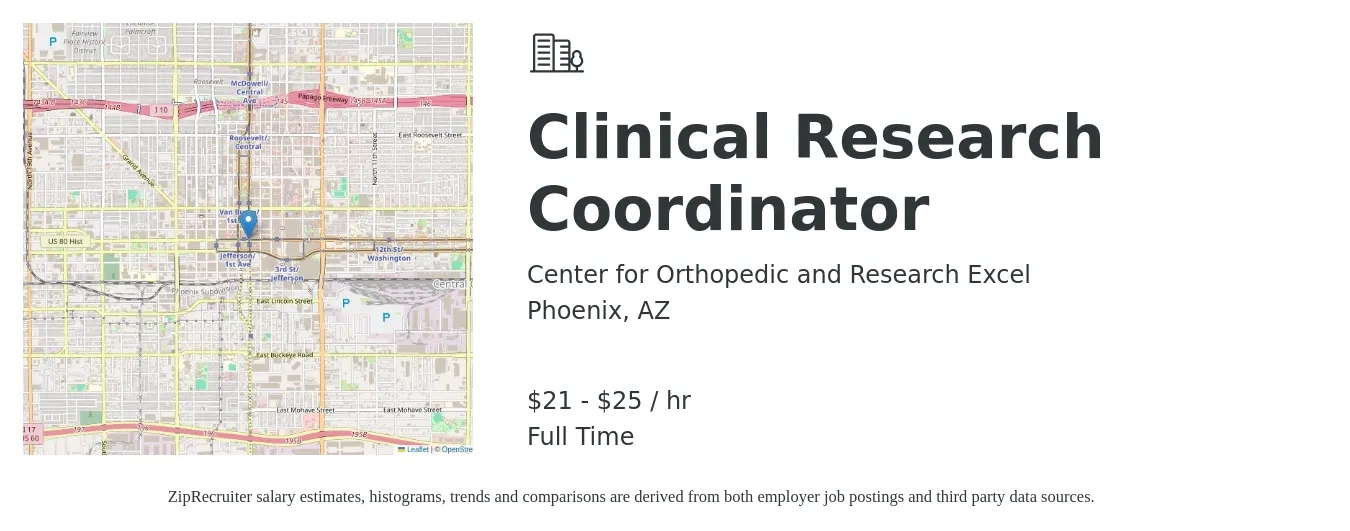 Center for Orthopedic and Research Excel job posting for a Clinical Research Coordinator in Phoenix, AZ with a salary of $22 to $26 Hourly with a map of Phoenix location.