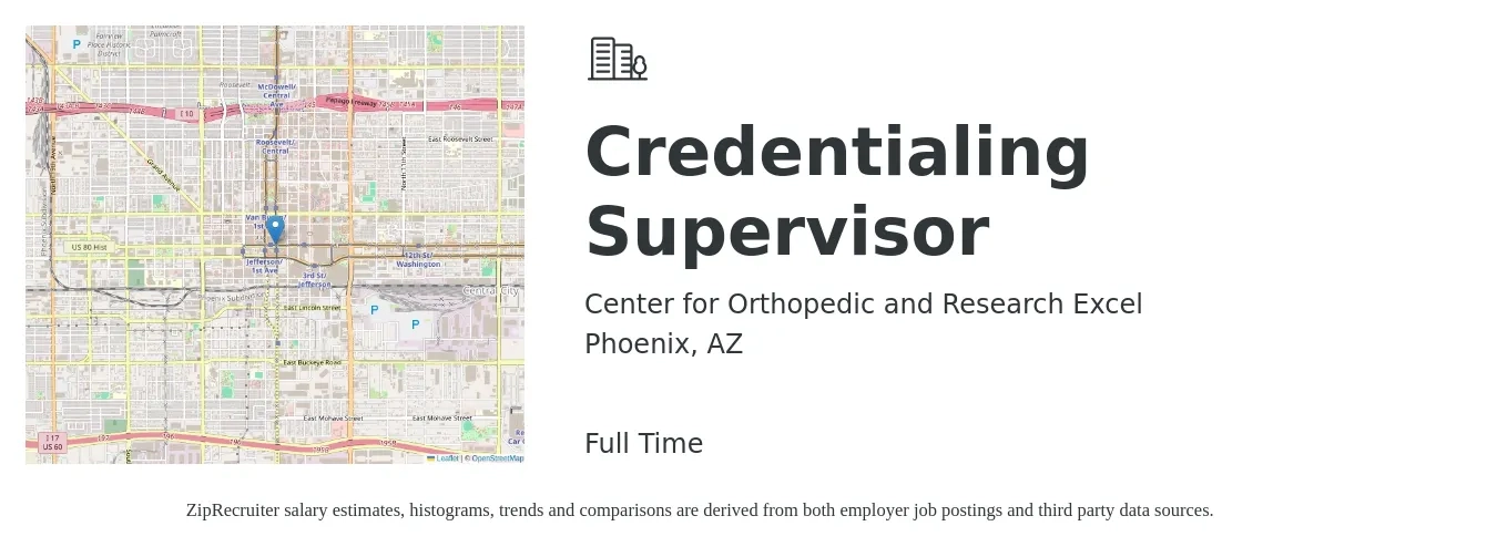Center for Orthopedic and Research Excel job posting for a Credentialing Supervisor in Phoenix, AZ with a salary of $61,400 to $90,700 Yearly with a map of Phoenix location.