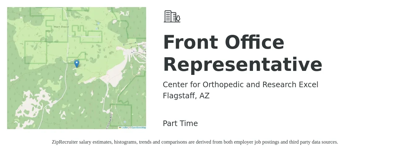 Center for Orthopedic and Research Excel job posting for a Front Office Representative in Flagstaff, AZ with a salary of $14 to $17 Hourly with a map of Flagstaff location.