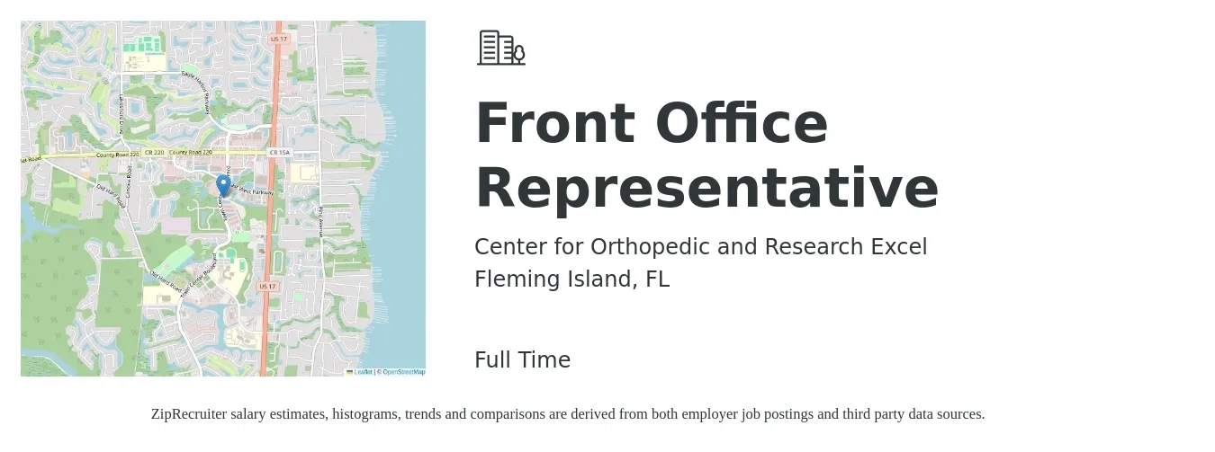 Center for Orthopedic and Research Excel job posting for a Front Office Representative in Fleming Island, FL with a salary of $14 to $16 Hourly with a map of Fleming Island location.