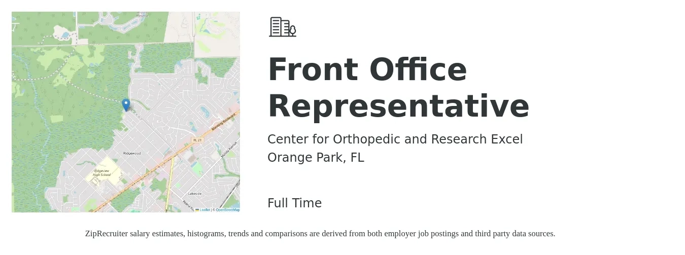 Center for Orthopedic and Research Excel job posting for a Front Office Representative in Orange Park, FL with a salary of $13 to $16 Hourly with a map of Orange Park location.