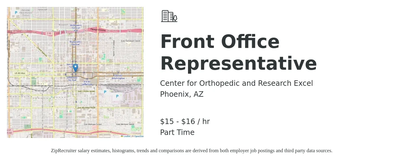 Center for Orthopedic and Research Excel job posting for a Front Office Representative in Phoenix, AZ with a salary of $16 to $17 Hourly with a map of Phoenix location.