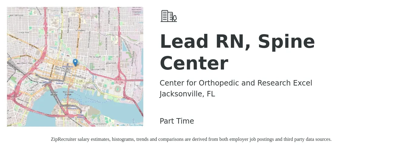 Center for Orthopedic and Research Excel job posting for a Lead RN, Spine Center in Jacksonville, FL with a salary of $32 to $43 Hourly with a map of Jacksonville location.