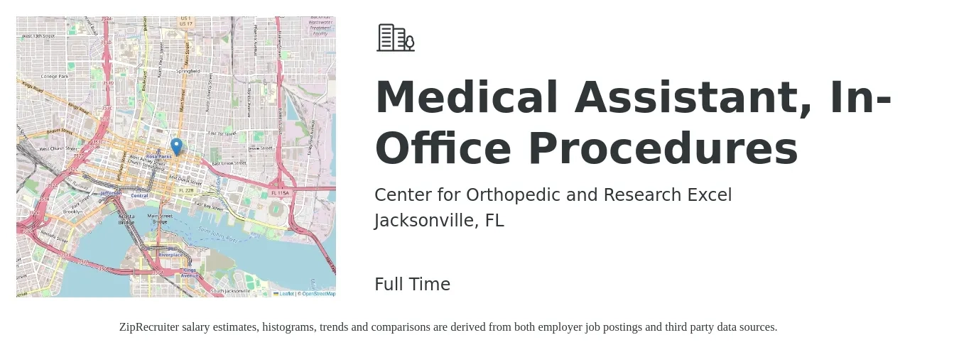 Center for Orthopedic and Research Excel job posting for a Medical Assistant, In-Office Procedures in Jacksonville, FL with a salary of $17 to $22 Hourly with a map of Jacksonville location.
