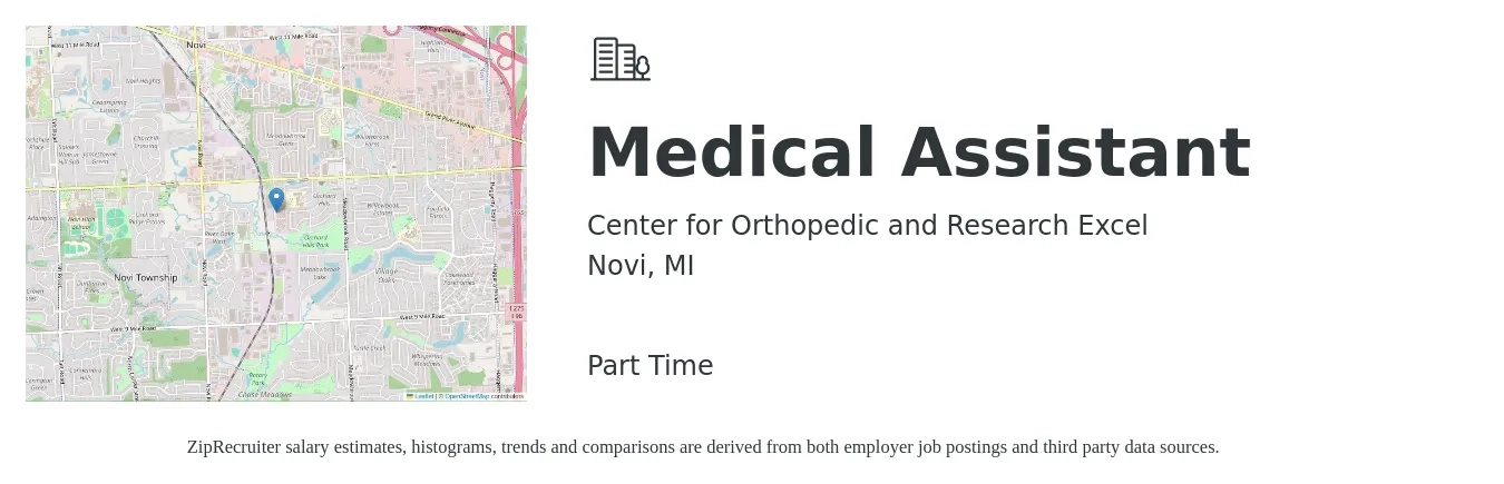 Center for Orthopedic and Research Excel job posting for a Medical Assistant in Novi, MI with a salary of $17 to $22 Hourly with a map of Novi location.