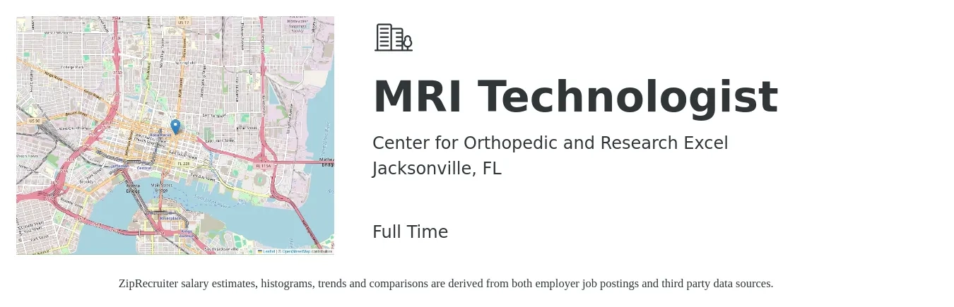 Center for Orthopedic and Research Excel job posting for a MRI Technologist in Jacksonville, FL with a salary of $1,560 to $2,520 Weekly with a map of Jacksonville location.