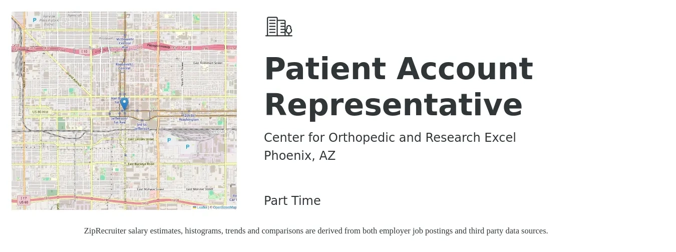 Center for Orthopedic and Research Excel job posting for a Patient Account Representative in Phoenix, AZ with a salary of $17 to $23 Hourly with a map of Phoenix location.