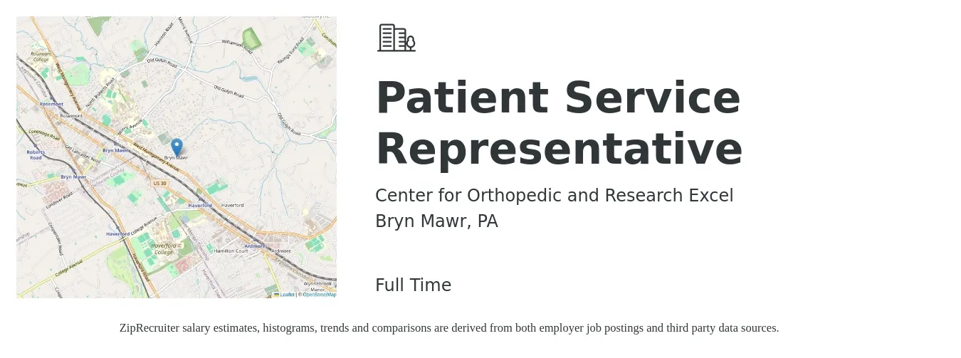 Center for Orthopedic and Research Excel job posting for a Patient Service Representative in Bryn Mawr, PA with a salary of $15 to $20 Hourly with a map of Bryn Mawr location.