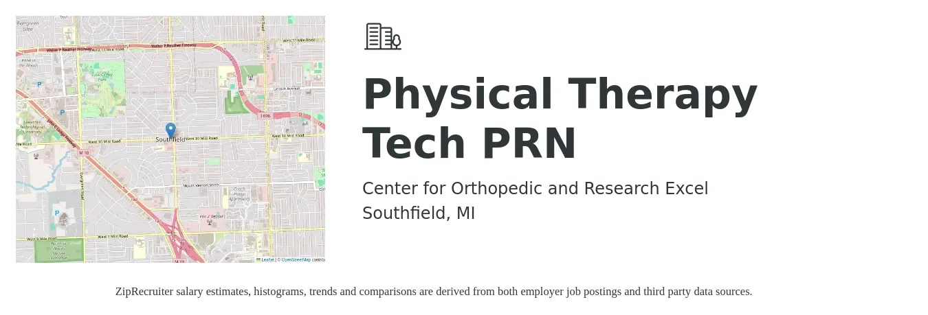 Center for Orthopedic and Research Excel job posting for a Physical Therapy Tech PRN in Southfield, MI with a salary of $13 to $14 Hourly with a map of Southfield location.