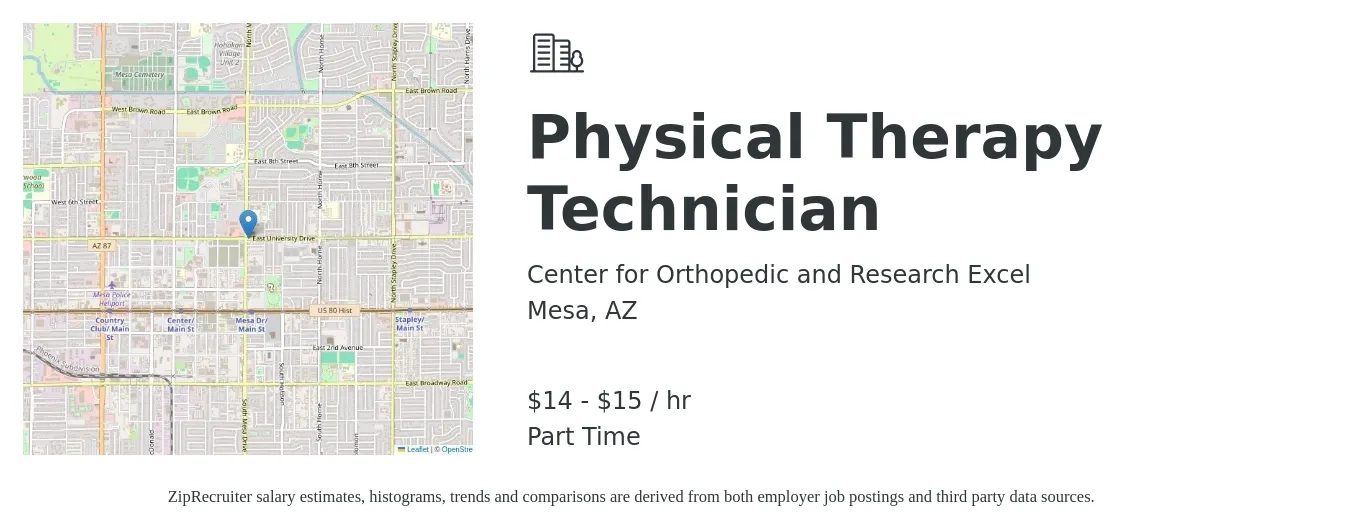 Center for Orthopedic and Research Excel job posting for a Physical Therapy Technician in Mesa, AZ with a salary of $15 to $16 Hourly with a map of Mesa location.