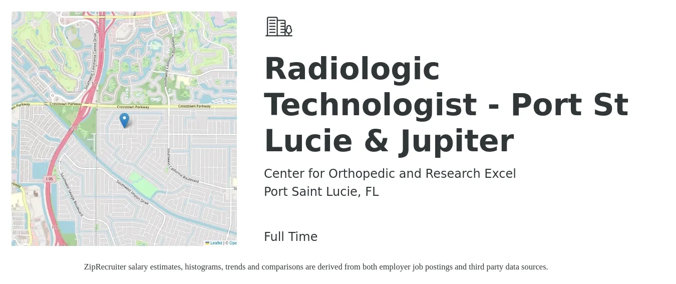 Center for Orthopedic and Research Excel job posting for a Radiologic Technologist - Port St Lucie & Jupiter in Port Saint Lucie, FL with a salary of $1,040 to $2,160 Weekly with a map of Port Saint Lucie location.
