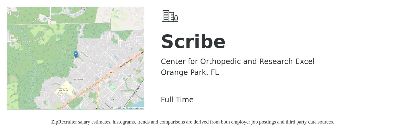 Center for Orthopedic and Research Excel job posting for a Scribe in Orange Park, FL with a salary of $13 to $18 Hourly with a map of Orange Park location.
