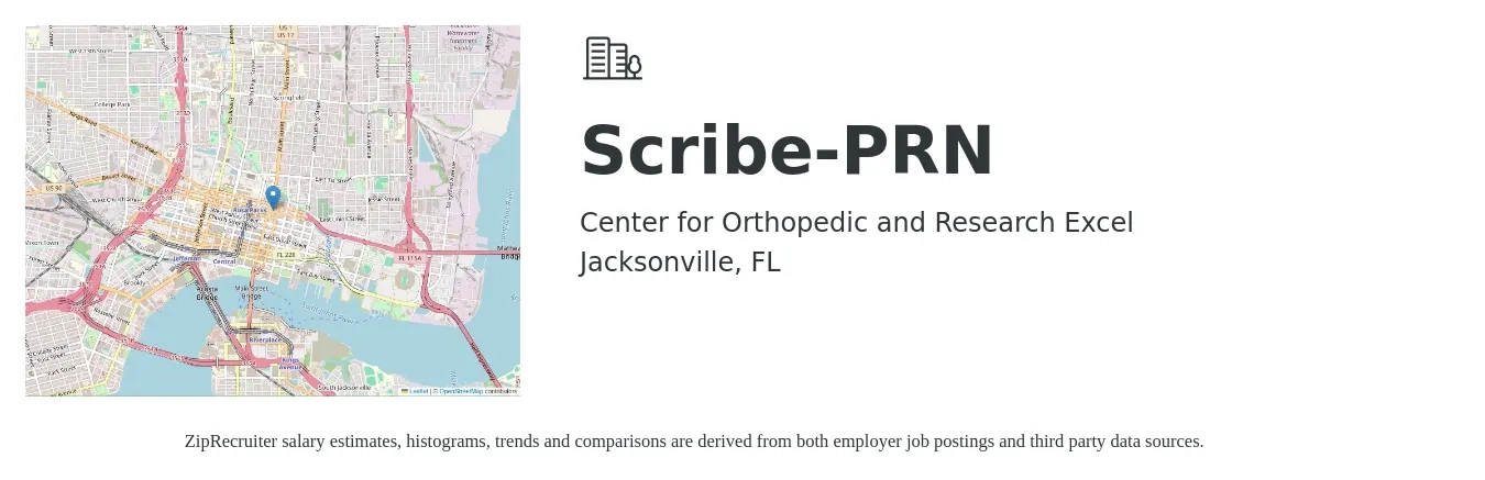 Center for Orthopedic and Research Excel job posting for a Scribe (PRN) in Jacksonville, FL with a salary of $15 to $20 Hourly with a map of Jacksonville location.