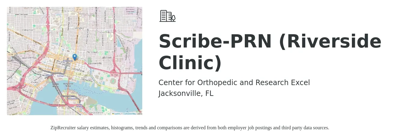Center for Orthopedic and Research Excel job posting for a Scribe-PRN (Riverside Clinic) in Jacksonville, FL with a salary of $15 to $20 Hourly with a map of Jacksonville location.