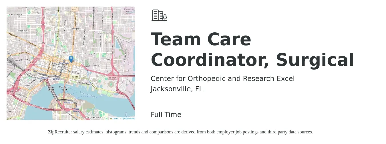 Center for Orthopedic and Research Excel job posting for a Team Care Coordinator, Surgical in Jacksonville, FL with a salary of $18 to $25 Hourly with a map of Jacksonville location.