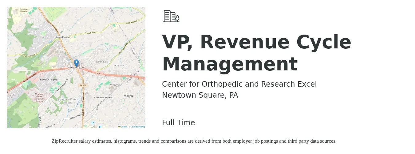 Center for Orthopedic and Research Excel job posting for a VP, Revenue Cycle Management in Newtown Square, PA with a salary of $83,200 to $143,500 Yearly with a map of Newtown Square location.