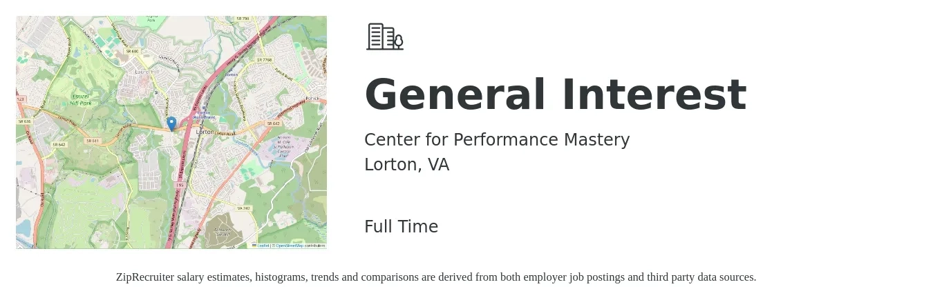 Center for Performance Mastery job posting for a General Interest in Lorton, VA with a salary of $16 to $42 Hourly with a map of Lorton location.