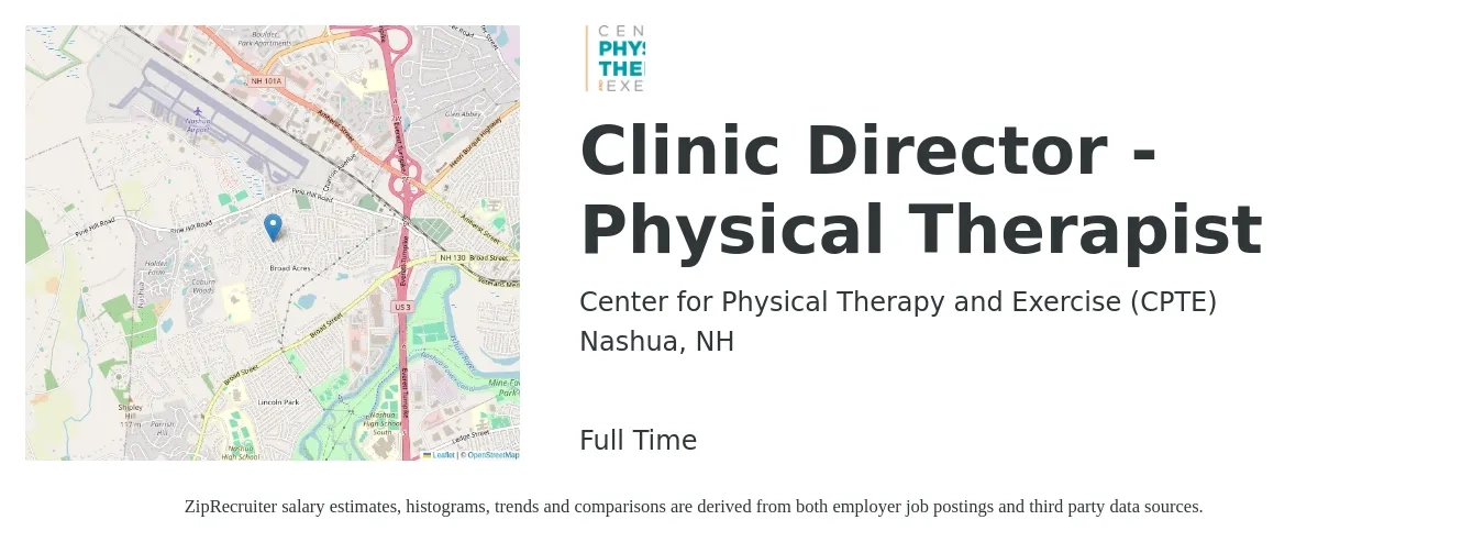 Center for Physical Therapy and Exercise (CPTE) job posting for a Clinic Director - Physical Therapist in Nashua, NH with a salary of $87,900 to $101,500 Yearly with a map of Nashua location.