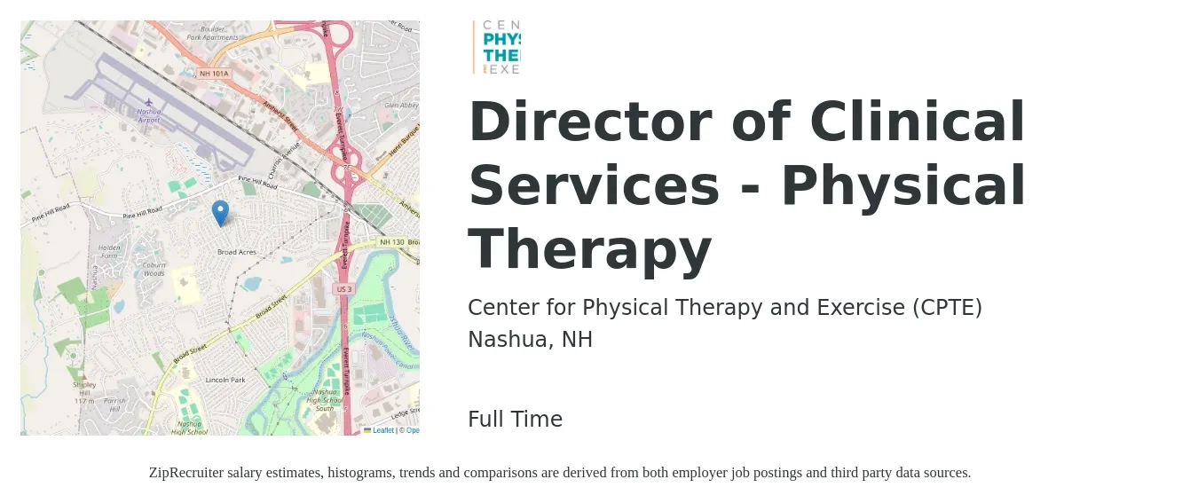 Center for Physical Therapy and Exercise (CPTE) job posting for a Director of Clinical Services - Physical Therapy in Nashua, NH with a salary of $87,900 to $101,500 Yearly with a map of Nashua location.