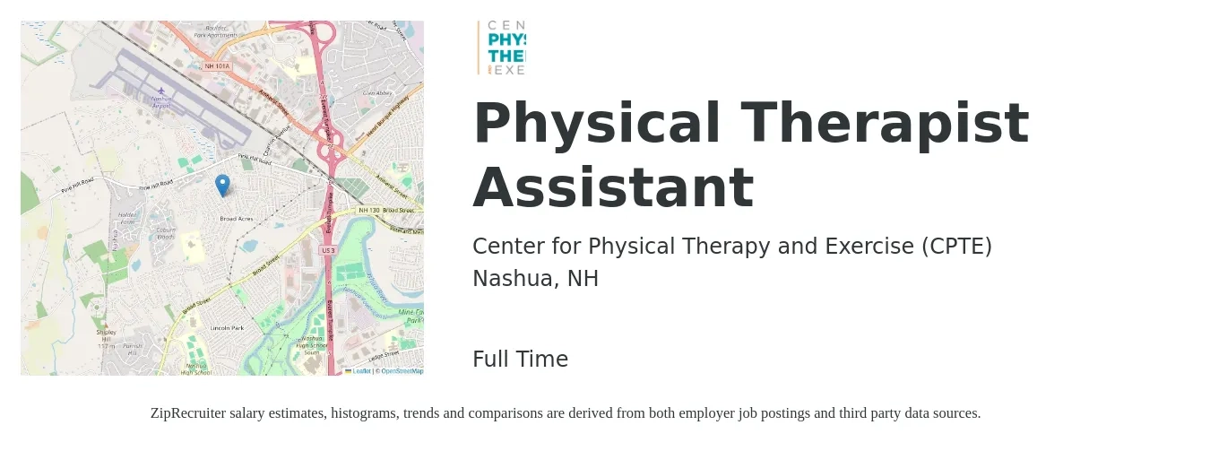 Center for Physical Therapy and Exercise (CPTE) job posting for a Physical Therapist Assistant in Nashua, NH with a salary of $28 to $37 Hourly with a map of Nashua location.