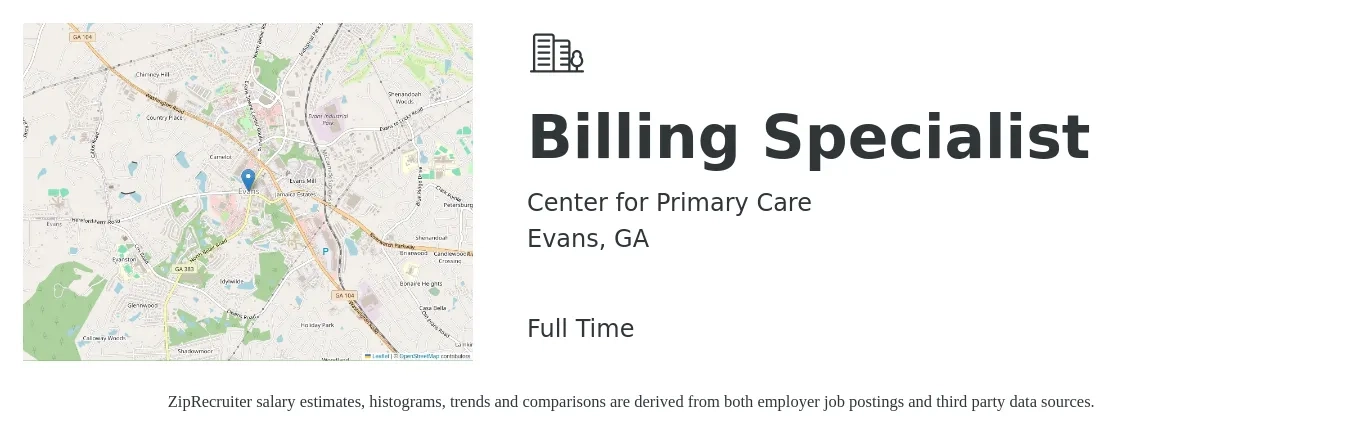 Center for Primary Care job posting for a Billing Specialist in Evans, GA with a salary of $16 to $22 Hourly with a map of Evans location.