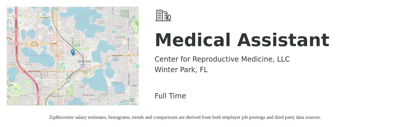 Center for Reproductive Medicine, LLC job posting for a Medical Assistant in Winter Park, FL with a salary of $17 to $21 Hourly with a map of Winter Park location.