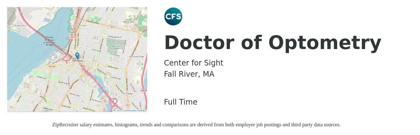 Center for Sight job posting for a Doctor of Optometry in Fall River, MA with a salary of $100,500 to $149,700 Yearly with a map of Fall River location.