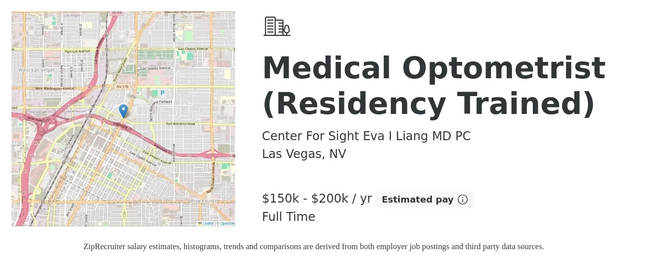 Center For Sight Eva I Liang MD PC job posting for a Medical Optometrist (Residency Trained) in Las Vegas, NV with a salary of $150,000 to $200,000 Yearly with a map of Las Vegas location.