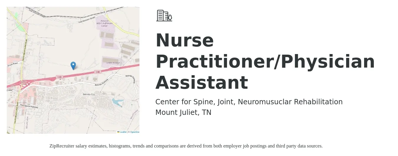 Center for Spine, Joint, Neuromusuclar Rehabilitation job posting for a Nurse Practitioner/Physician Assistant in Mount Juliet, TN with a salary of $103,000 to $133,200 Yearly with a map of Mount Juliet location.