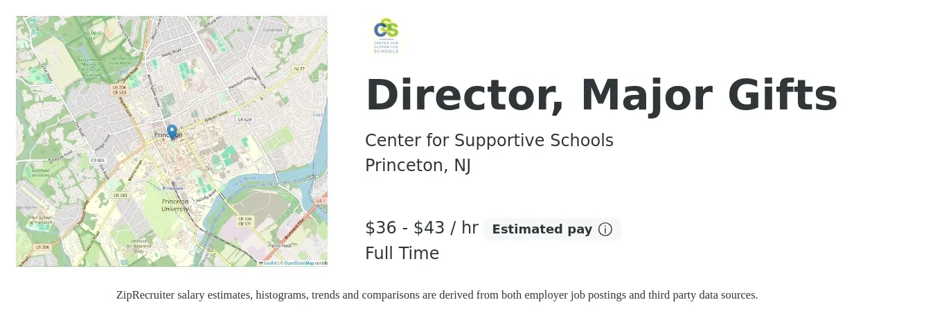 Center for Supportive Schools job posting for a Director, Major Gifts in Princeton, NJ with a salary of $80,000 to $95,000 Yearly with a map of Princeton location.