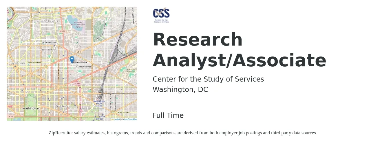 Center for the Study of Services job posting for a Research Analyst/Associate in Washington, DC with a salary of $60,000 to $70,000 Yearly with a map of Washington location.
