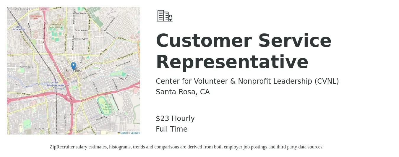 Center for Volunteer & Nonprofit Leadership (CVNL) job posting for a Customer Service Representative in Santa Rosa, CA with a salary of $24 Hourly with a map of Santa Rosa location.