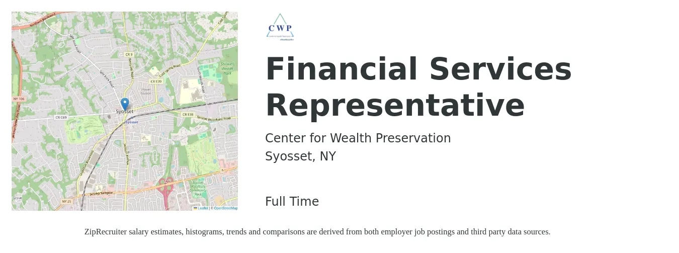 Center for Wealth Preservation job posting for a Financial Services Representative in Syosset, NY with a salary of $62,500 to $144,000 Yearly with a map of Syosset location.