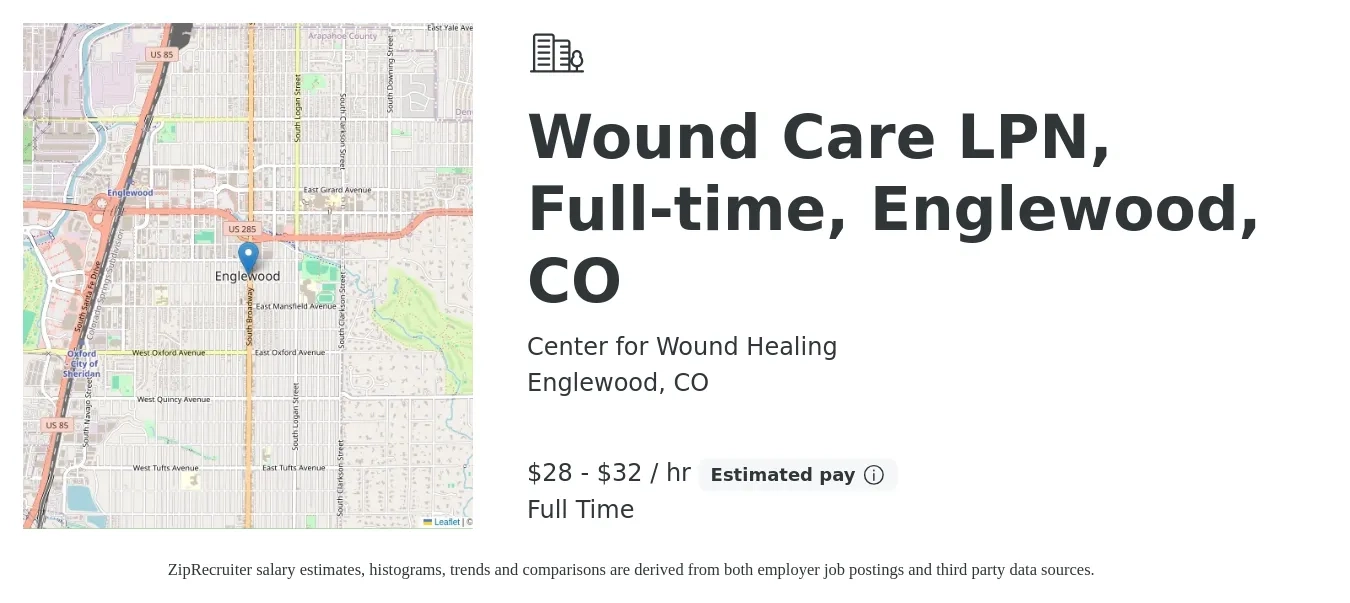 Center for Wound Healing job posting for a Wound Care LPN, Full-time, Englewood, CO in Englewood, CO with a salary of $30 to $34 Hourly with a map of Englewood location.