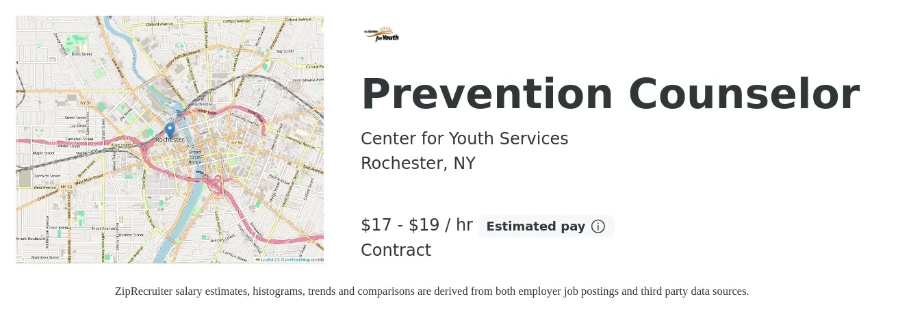 Center for Youth Services job posting for a Prevention Counselor in Rochester, NY with a salary of $18 to $20 Hourly with a map of Rochester location.