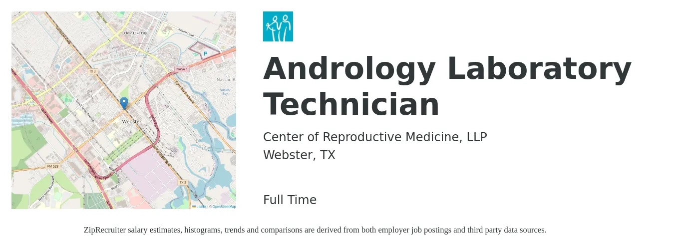 Center of Reproductive Medicine, LLP job posting for a Andrology Laboratory Technician in Webster, TX with a salary of $17 to $22 Hourly with a map of Webster location.