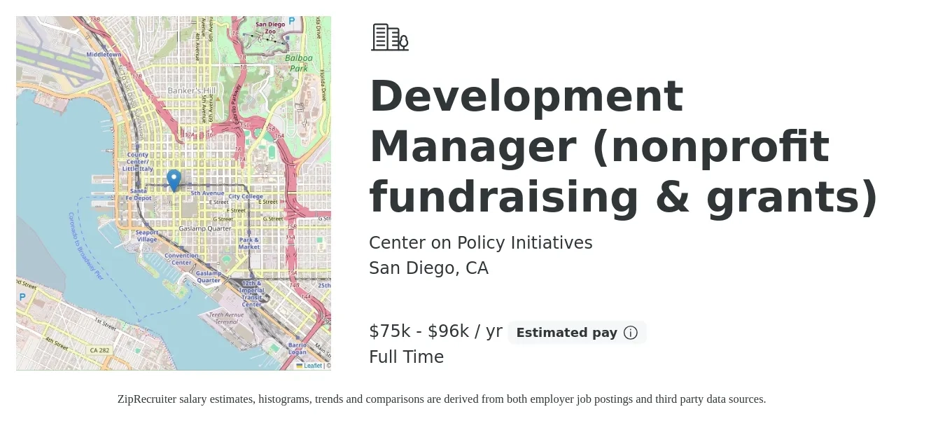 Center on Policy Initiatives job posting for a Development Manager (nonprofit fundraising & grants) in San Diego, CA with a salary of $75,880 to $96,624 Yearly with a map of San Diego location.