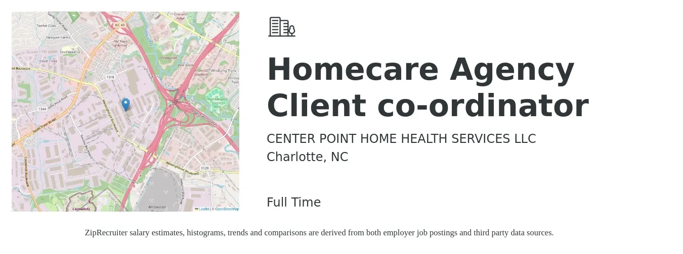 CENTER POINT HOME HEALTH SERVICES LLC job posting for a Homecare Agency Client co-ordinator in Charlotte, NC with a salary of $18 to $24 Hourly with a map of Charlotte location.