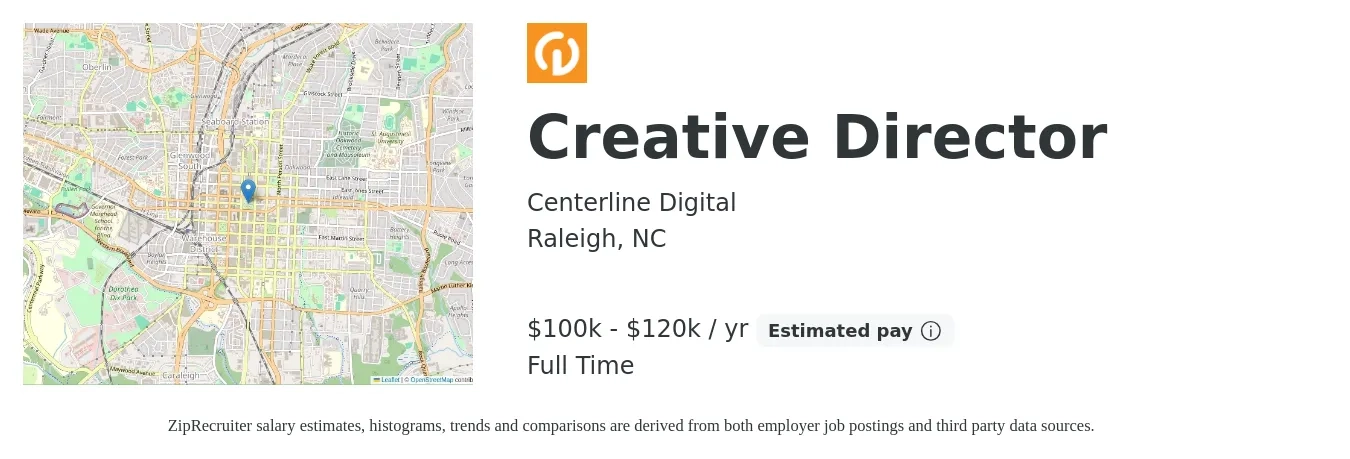 Centerline Digital job posting for a Creative Director in Raleigh, NC with a salary of $100,000 to $120,000 Yearly with a map of Raleigh location.