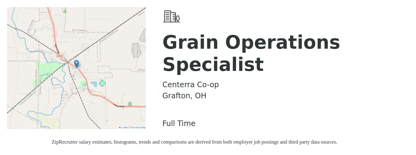 Centerra Co-op job posting for a Grain Operations Specialist in Grafton, OH with a salary of $43,400 to $73,700 Yearly with a map of Grafton location.