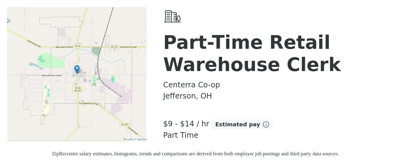 Centerra Co-op job posting for a Part-Time Retail Warehouse Clerk in Jefferson, OH with a salary of $10 to $15 Hourly with a map of Jefferson location.