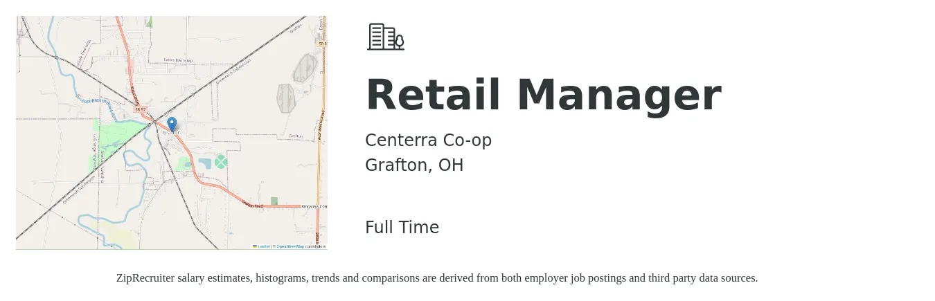 Centerra Co-op job posting for a Retail Manager in Grafton, OH with a salary of $16 to $25 Hourly with a map of Grafton location.