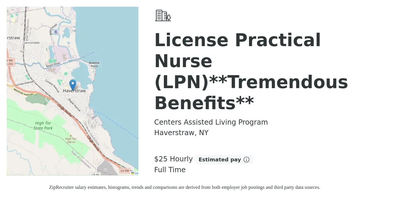 Centers Assisted Living Program job posting for a License Practical Nurse (LPN)**Tremendous Benefits** in Haverstraw, NY with a salary of $26 Hourly with a map of Haverstraw location.