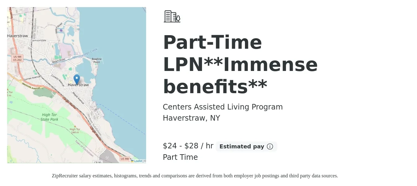 Centers Assisted Living Program job posting for a Part-Time LPN**Immense benefits** in Haverstraw, NY with a salary of $25 to $30 Hourly with a map of Haverstraw location.