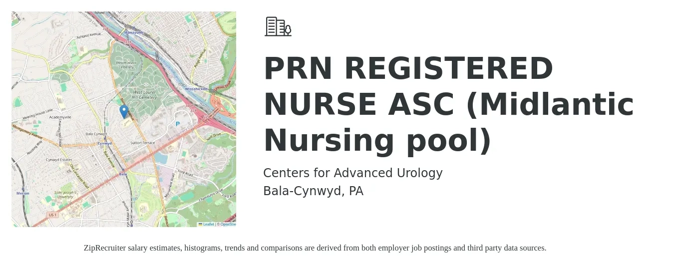 Centers for Advanced Urology job posting for a PRN REGISTERED NURSE ASC (Midlantic Nursing pool) in Bala-Cynwyd, PA with a salary of $31 to $49 Hourly with a map of Bala-Cynwyd location.