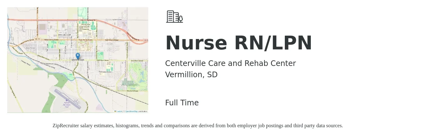 Centerville Care and Rehab Center job posting for a Nurse RN/LPN in Vermillion, SD with a salary of $26 to $36 Hourly with a map of Vermillion location.
